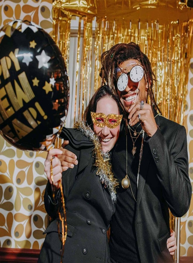 WEIKA Happy New Year Party Decoration 2026 - New Years Eve Party Supplies 2026 Foil Balloon, Happy New Year Banner, New Years Photo Props, Gold Black Bunting Swirl Streamers, Pom Poms New Years Décor - Image 5